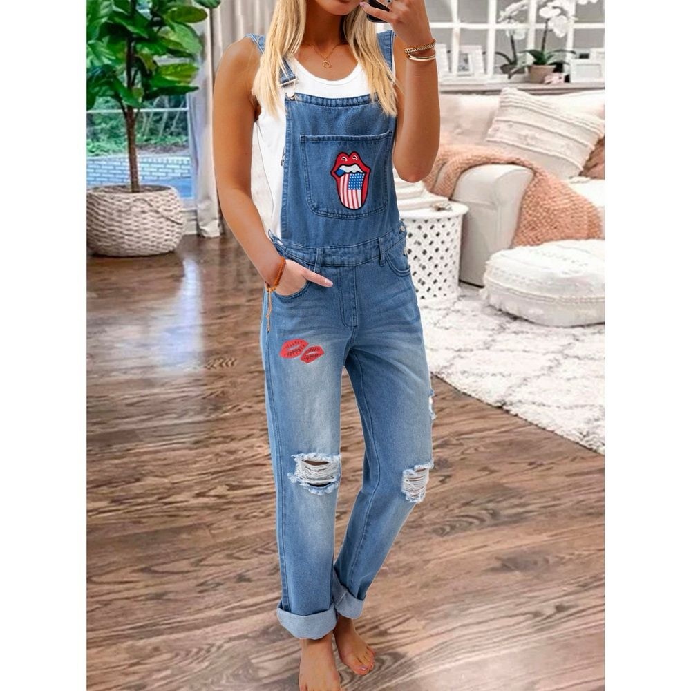 Overalls Stylish Distressed Jeans Ripped Jumpsuit Denim Women Rolling Stones